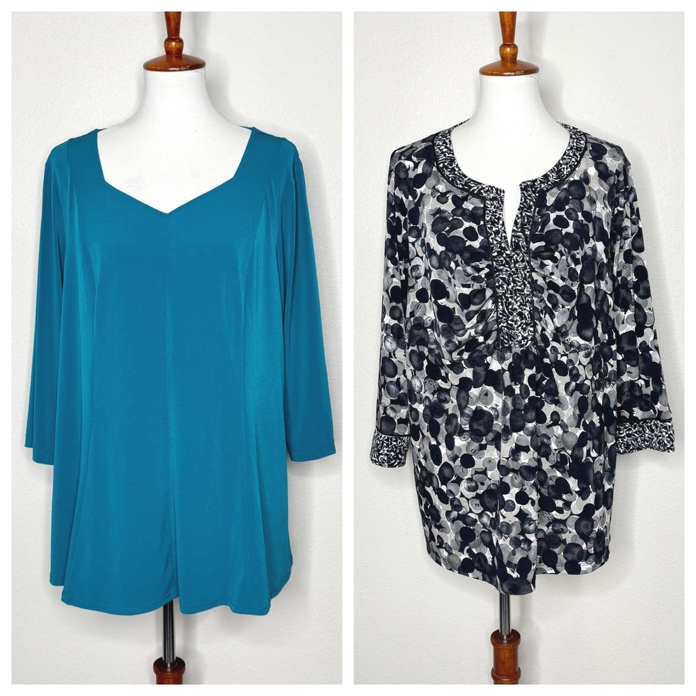 Lot of 2 SUSAN GRAVER Liquid Knit Tops 1X 3/4 Sleeves Casual Wardrobe Basics